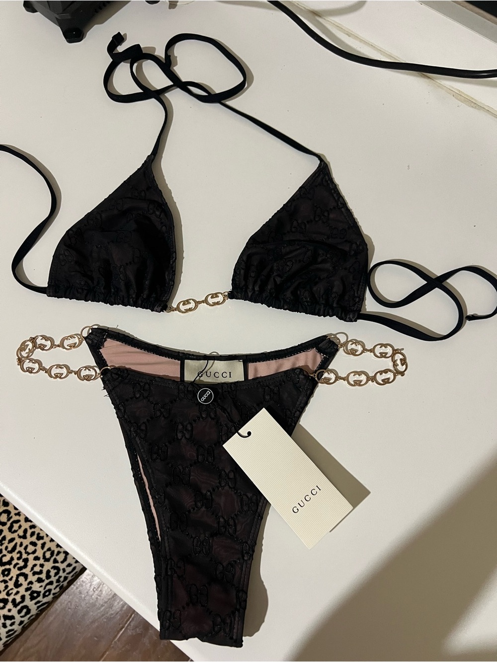 Gucci Black with Pink Lining Logo Lace Top